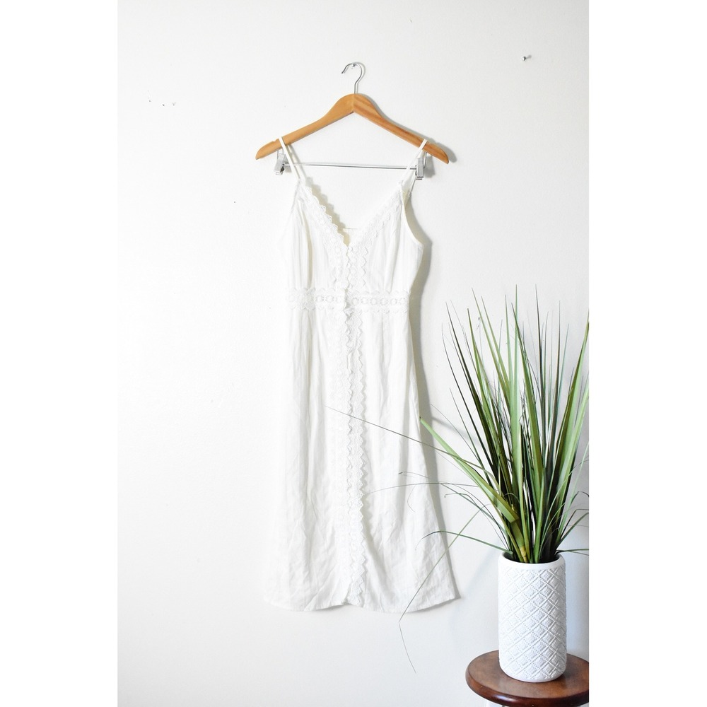 Crochet Lace Trim Midi Dress Womens Medium White Boho Dobby Stripe
